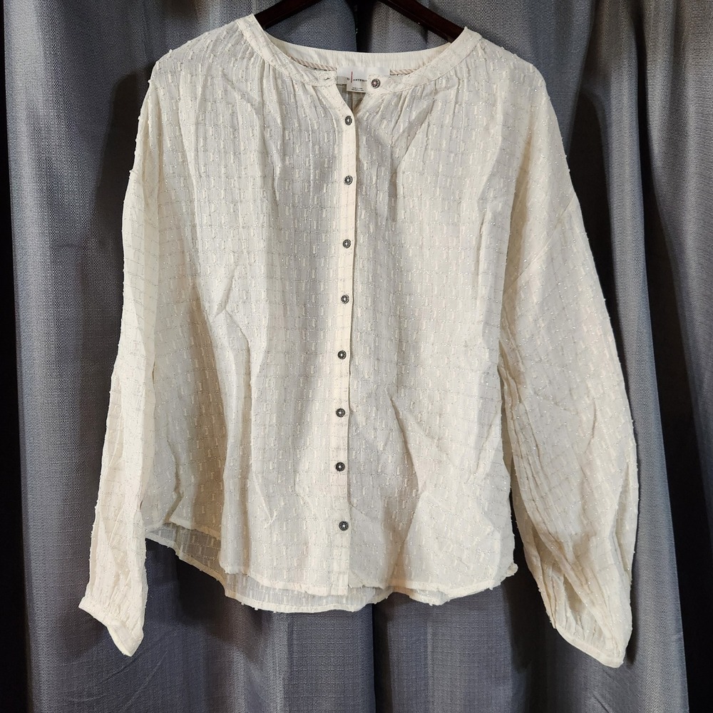 Anthropologie Ivory Metallic Clip Dot Button Down Blouse Top Silver Lurex 12